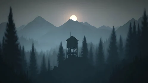 Solitary watchtower stands before layered mountain silhouettes