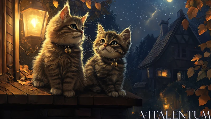 Two Kittens on Autumn Roof Under Starlit Night