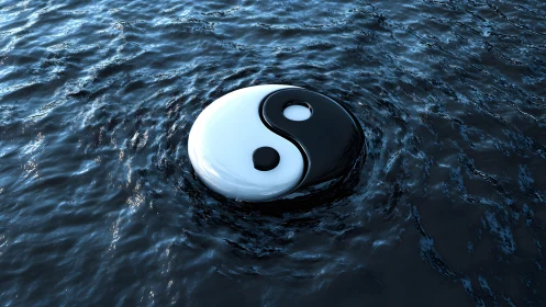 Glossy Yin Yang Symbol Floating on Calm Blue Water Surface.