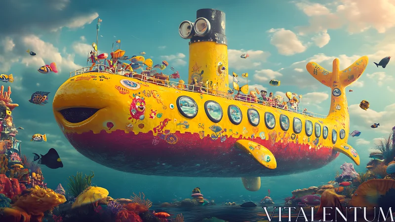 Playful yellow submarine sails through a dreamlike coral sea
