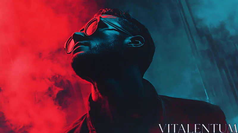 Silhouetted man in glasses under red and blue colored lighting.