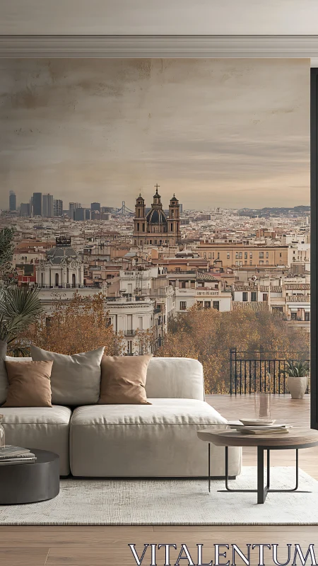 Modern living room with cityscape wall mural and skyline view.