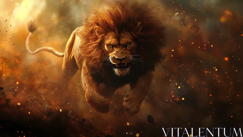 Lion charges forward through dense fiery embers and smoke
