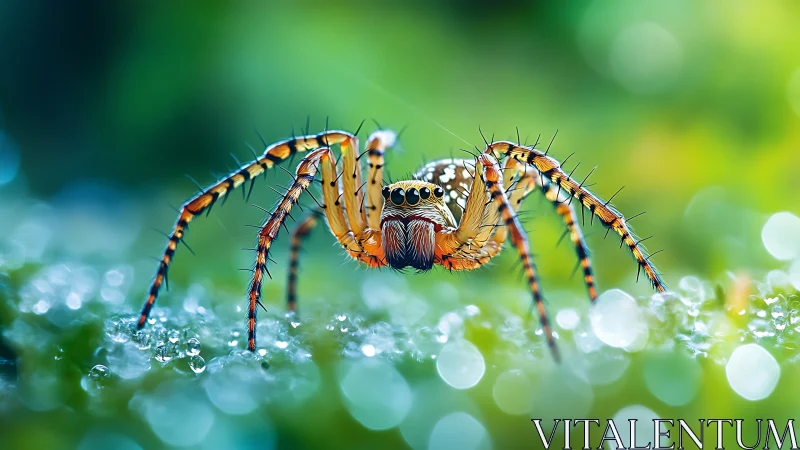 Macro view of striped spider on dewy green surface.