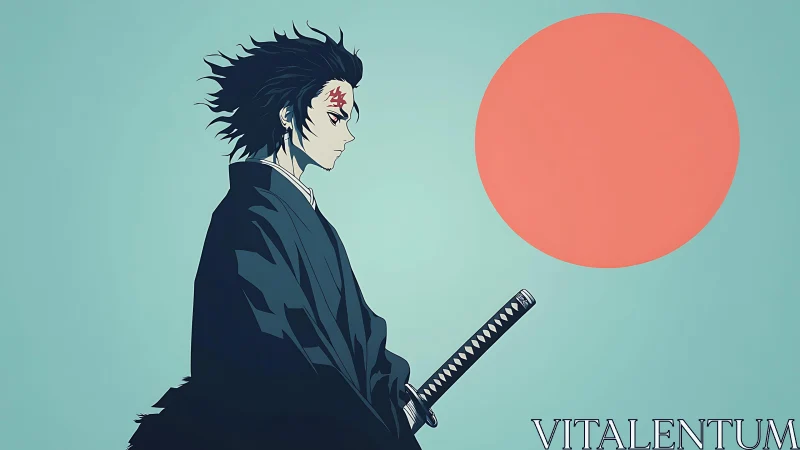Lone anime swordsman stands under bold red rising sun