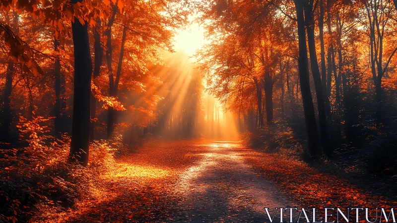 Sunlit autumn forest road shows warm foliage and light rays