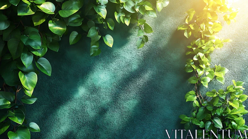 Sunlit climbing vines on textured teal exterior wall.