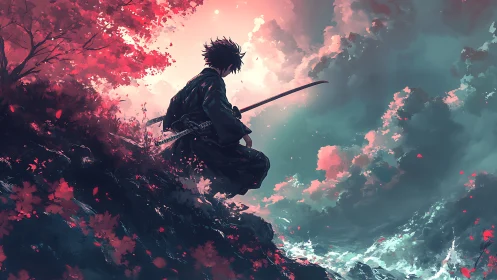 Solitary samurai resting beneath rosy stormlit skies.