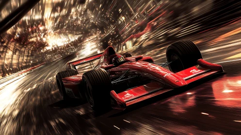 Red Formula race car storms luminous urban tunnel.