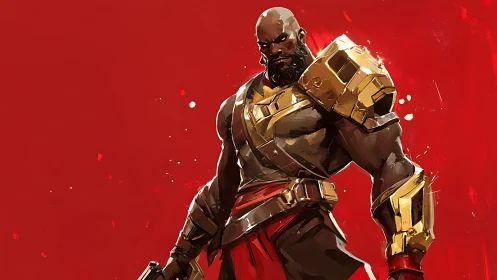 Armored warrior with golden gear on bold red background.