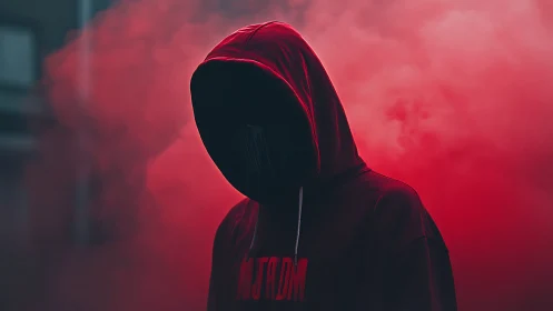 Hooded silhouette emerging through dense red smoke haze.