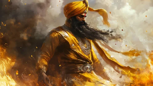 Warrior in golden robes strides through swirling battle fire.