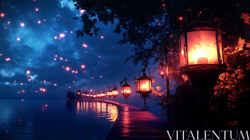 Curved lakeside walkway is illuminated by suspended lanterns