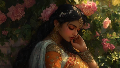 Sunlit garden muses while a jeweled dreamer drifts inward