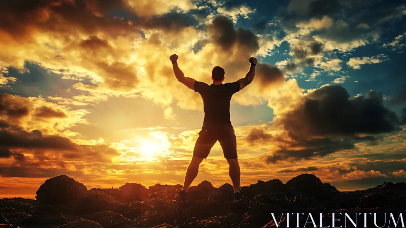 Sunrise conqueror raising clenched fists over ember clouds.