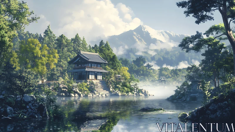 Lakeside pavilion within forest valley beneath snowy mountain.