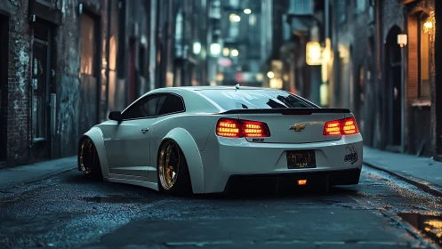 Lowered white Chevrolet muscle car idles in wet cyber-noir alley
