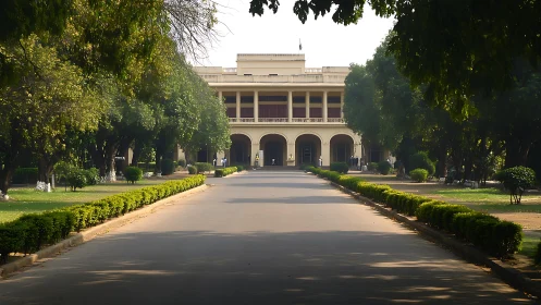 Neoclassical academic building framed by symmetrical tree-lined drive