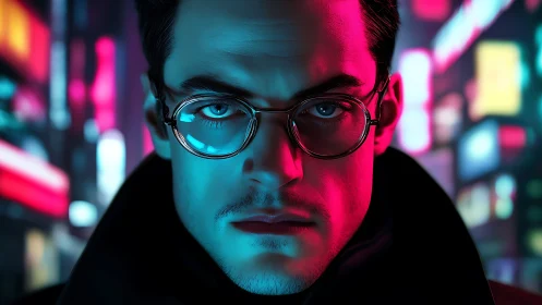Man in glasses under neon city lights at nighttime.
