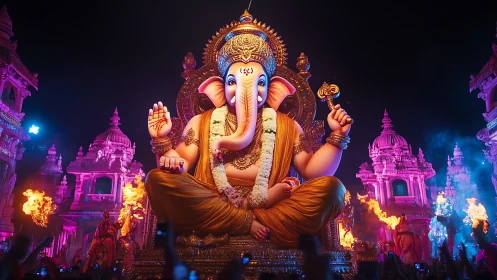 Radiant Ganesha idol amid neon-lit temple flames at night.