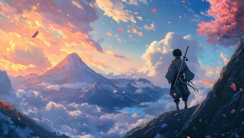 Samurai observer across stratified alpine cloudscape at dusk.