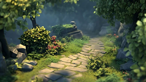 Stone pathway through lush overgrown garden with flowering plants