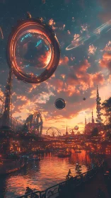 Orbiting sunset metropolis under luminous cosmic rings.