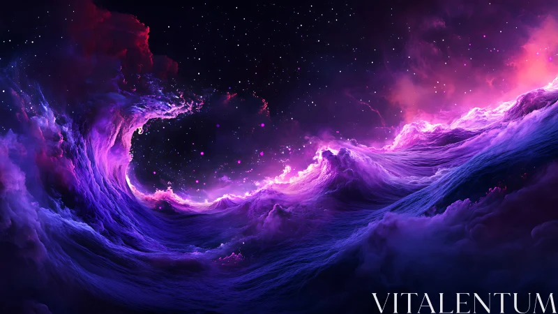 Cosmic neon waves crash through a glowing galactic night sky