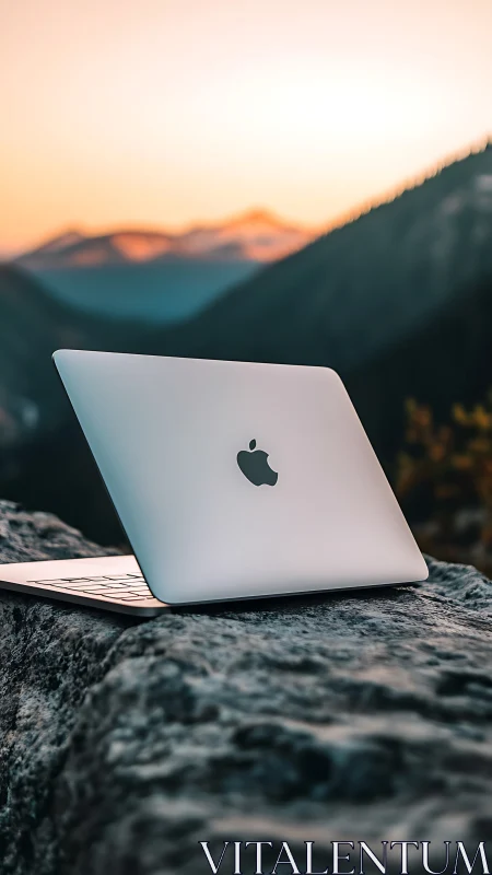 Nomad laptop glows against ember-tinted mountain dusk.