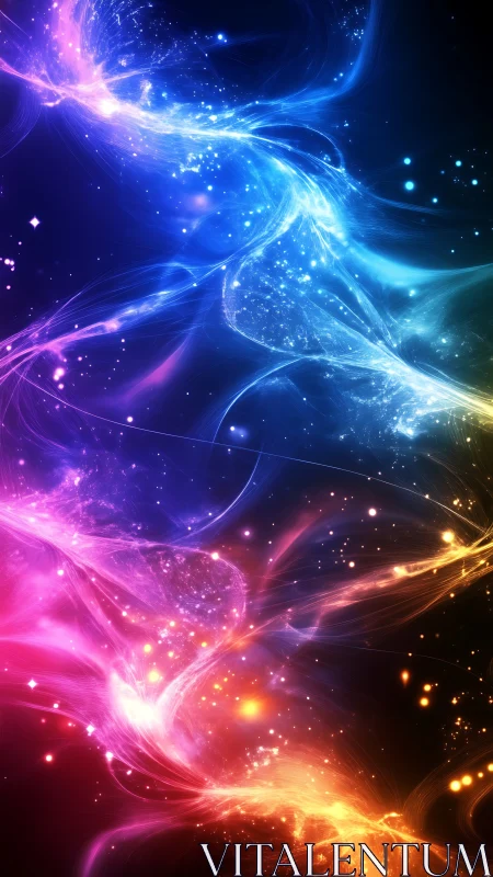 Cosmic light streams weave vibrant multicolor nebulae.