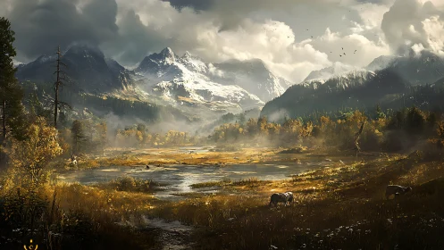 Autumn marshland beneath snow-capped alpine mountain range.