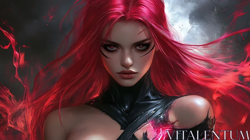 Scarlet storm sorceress crowned in moonlit embers.