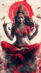 Fiery red goddess in meditative levitation with halo.