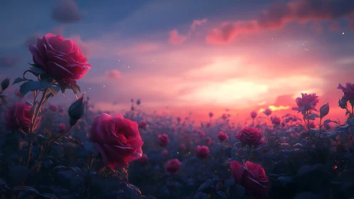 Red roses bloom in golden sunset field landscape scene