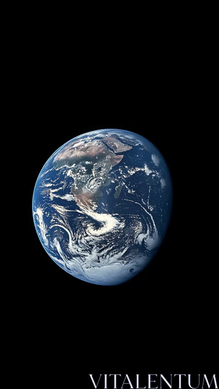 Planet Earth floats in deep black space with swirling clouds.