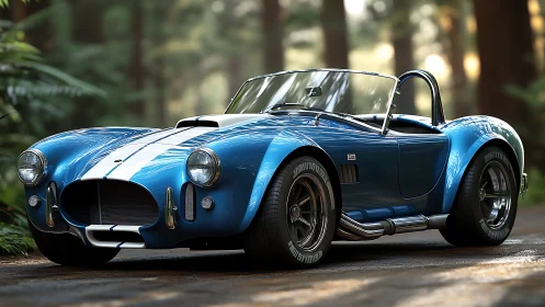 Photorealistic blue roadster with racing stripes in forest setting.