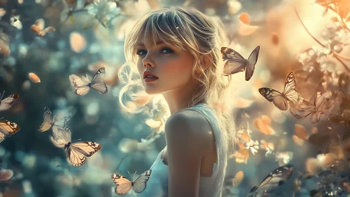Ethereal blonde girl meets glowing butterflies in dreamlight forest.