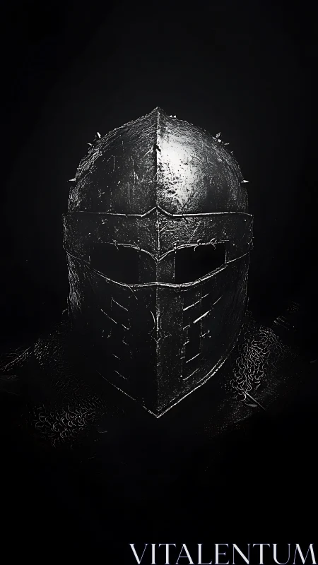 Monolithic medieval helm in high-contrast frontal isolation.