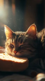 Sunlit Feline Portrait with Atmospheric Particle Effects.