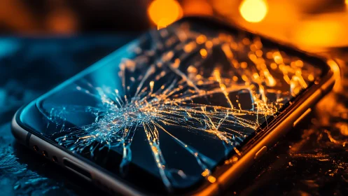 Shattered smartphone screen under bokeh lights in macro focus