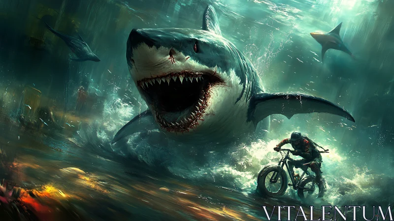 Shark surge and fearless biker racing through roaring seas.