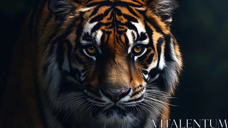 Intense close up of tiger face in dark forest light.