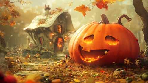 Large carved pumpkin stands before small curved-roof cottage