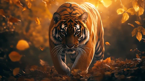 Photorealistic tiger stalking through illuminated autumn forest.