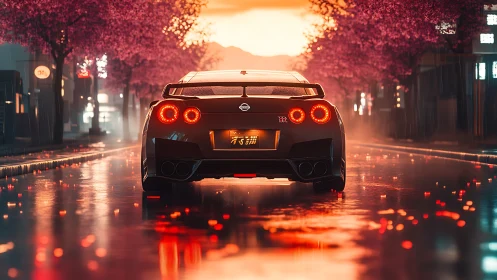 Nissan GT-R glows on neon city street at rainy sunset.