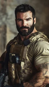 Bearded tactical operator in plate carrier with rifle, portrait