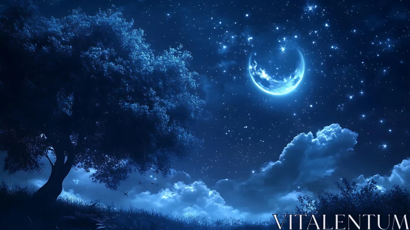 Night sky scene displays crescent moon, stars, clouds, and tree