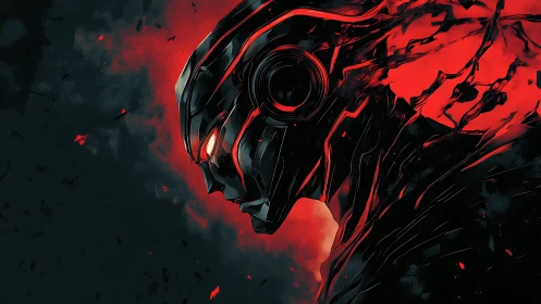 Cybernetic wraith profile in red shattering neon glow.