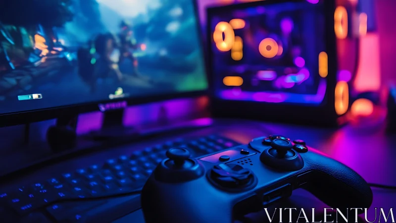 RGB-lit gaming setup glows around controller in neon haze
