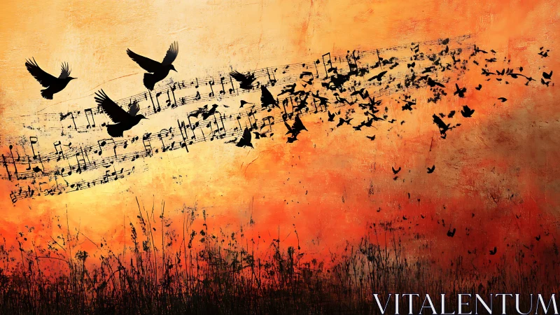 Bird silhouettes rise as musical notes scatter at sunset